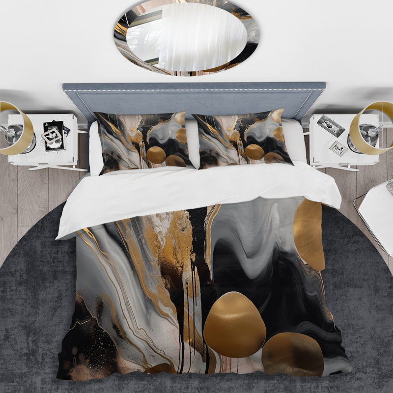 Gray and Gold Abstract Marble Microfiber Duvet Cover Set