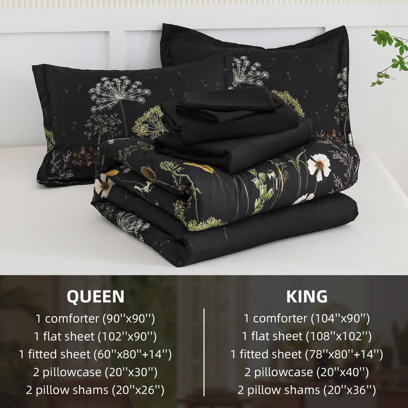 Ensemble d'édredon floral 7 pièces Dandelion, Édredon de très grande taille et 6 pièces suppl, Noir