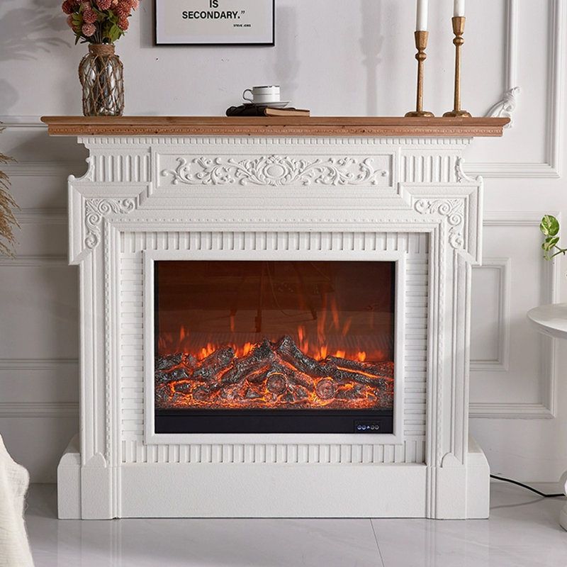 White Solid + Manufactured Wood Freestanding Fireplace