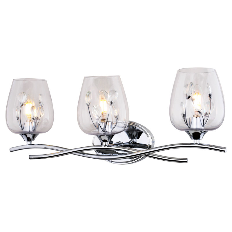 Wilmette 3-Light 24 In. Wide Chrome Modern Glam Bathroom Vanity Lighting Fixture, Clear Goblet Glass Shade With Crystal Accents, Dimmable, LED Compatible, Reversible Over The Mirror Mounted Metal Wall Sconce