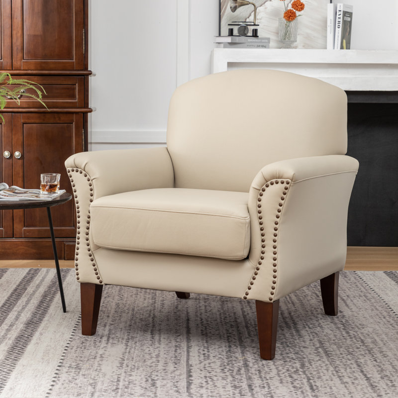 Shalisia 32'' Wide Upholstered Genuine Leather Armchair, Beige Genuine Leather