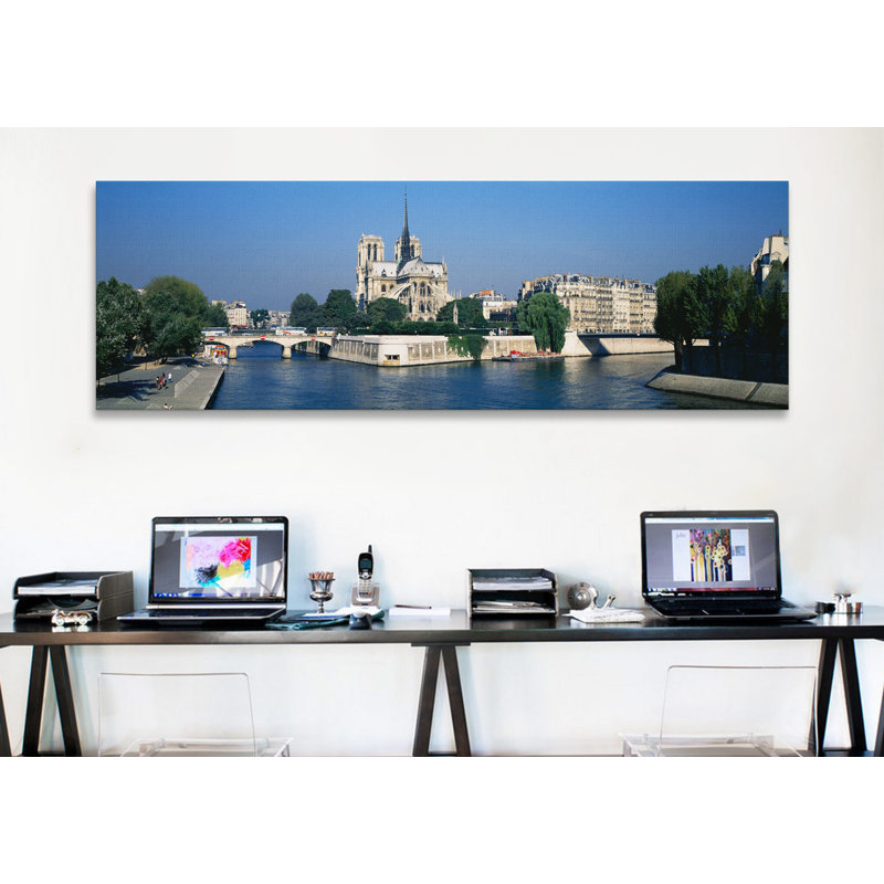 Impression sur toile tendue, cathedral le long d’un river, cathedral, paris, france-, H 24 po x l 72 po x P 1,5 po