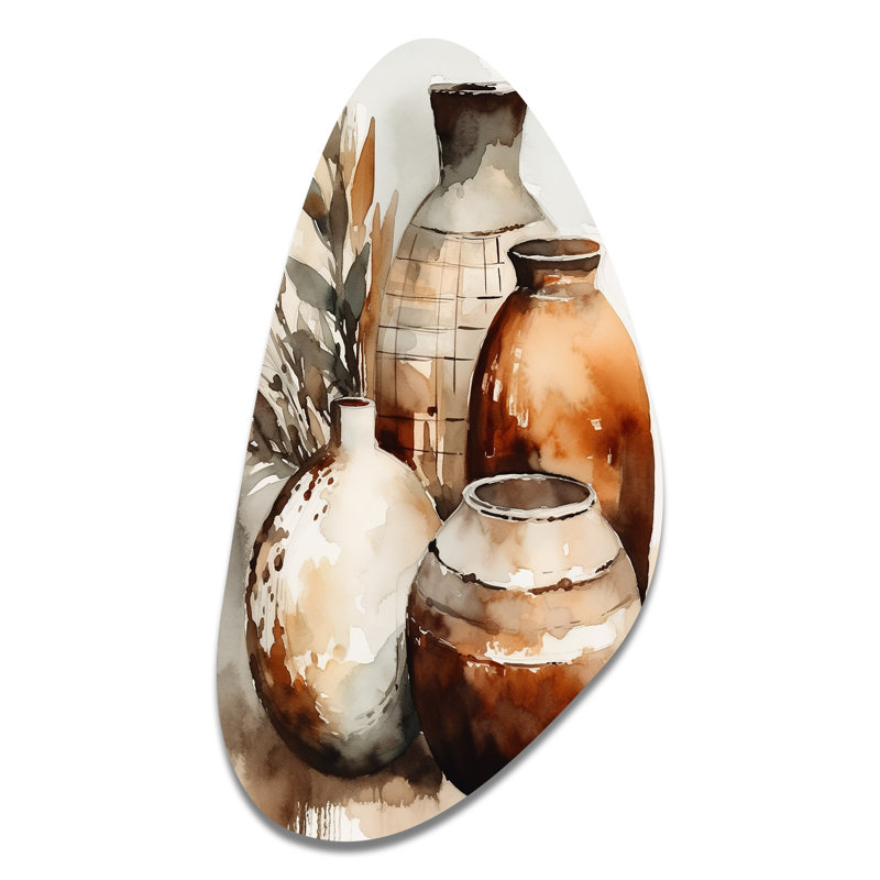 «Lasser Brown and Cream Earthen Elegant Vase I - Boho Pottery, impression asymétrique sur métal, art mural traditionnel en métal Freeform