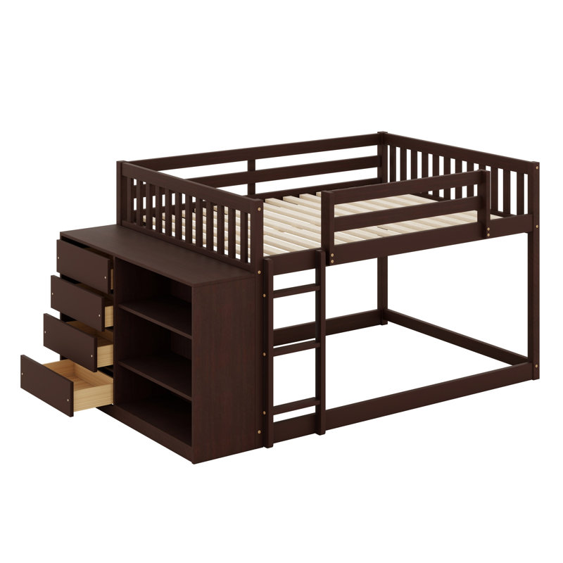 Lit superposé gain de place, équipé de quatre tiroirs fonctionnels et de trois tablettes de rangement., Espresso