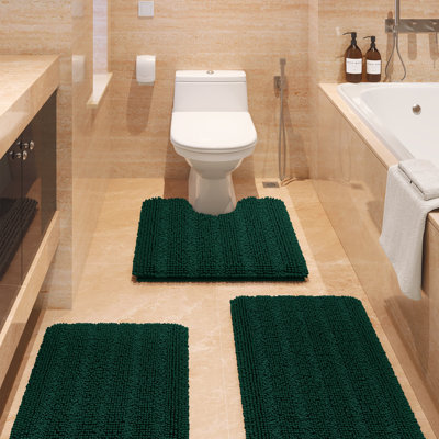  Striped Beige Bathroom Rug Set 3 Pieces Ultra Soft, Non Slip Chenille Toilet Mat, Absorbent Plush Shaggy Bath Mats for Bathroom, Bedroom, Kitchen