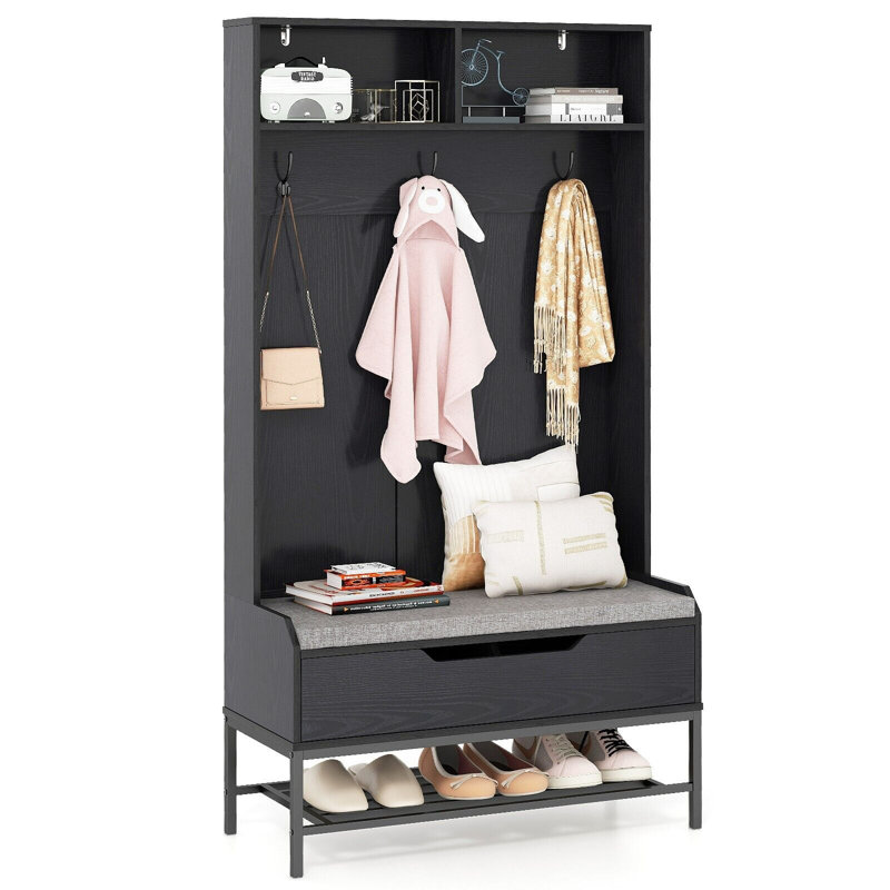 Hall Tree 90cm Wide with Bench, Black