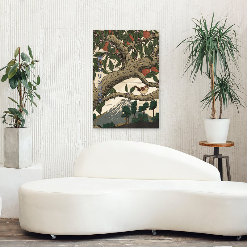Magnifique pommier Fuji classique serein traditionnel pommier oiseau paysage de paysage mural, H 36 po x l 24 po