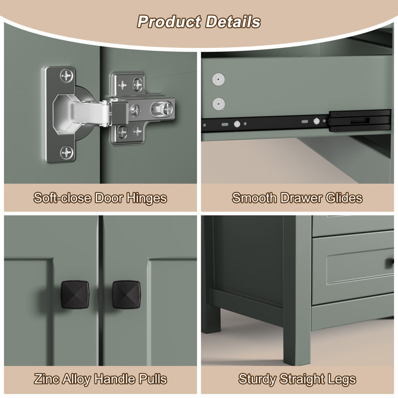 Base de meuble-lavabo à double cuve 60 po seulement, sans comptoir, assemblage requis, Vert