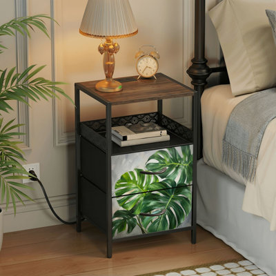 Table de chevet 2 tiroirs avec station de charge, table de chevet pour chambre avec ports USB et amp; Outlets, tablette ouverte noire, table de chevet avec imprimé de feuilles botaniques Monstera