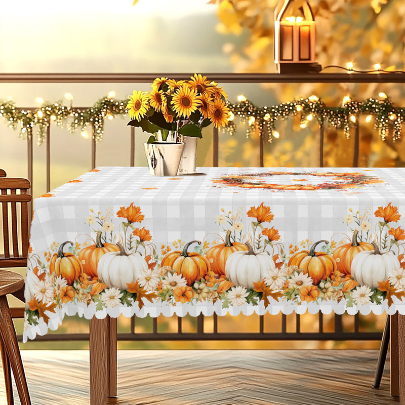 1pc Autumn Decor Thanksgiving Polyester Tablecloth, Pumpkin, Maple Leaves, And Flowers Pattern Design, Rectangular And Round Autumn Harvest Tablecloth, Thanksgiving Gift, Suitable For Fall Indoor/Outdoor Use, Camping And Picnic Decoration