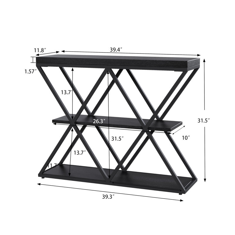 Table d'entrée/de couloir, console industrielle à 3 niveaux avec étagères de rangement ouvertes, structure métallique en forme de X, noire