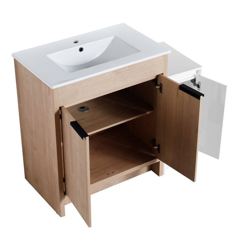 Meuble-lavabo autoportant avec lavabo en céramique et armoires de rangement, Blanc brillant / chêne clair clair, Blanc