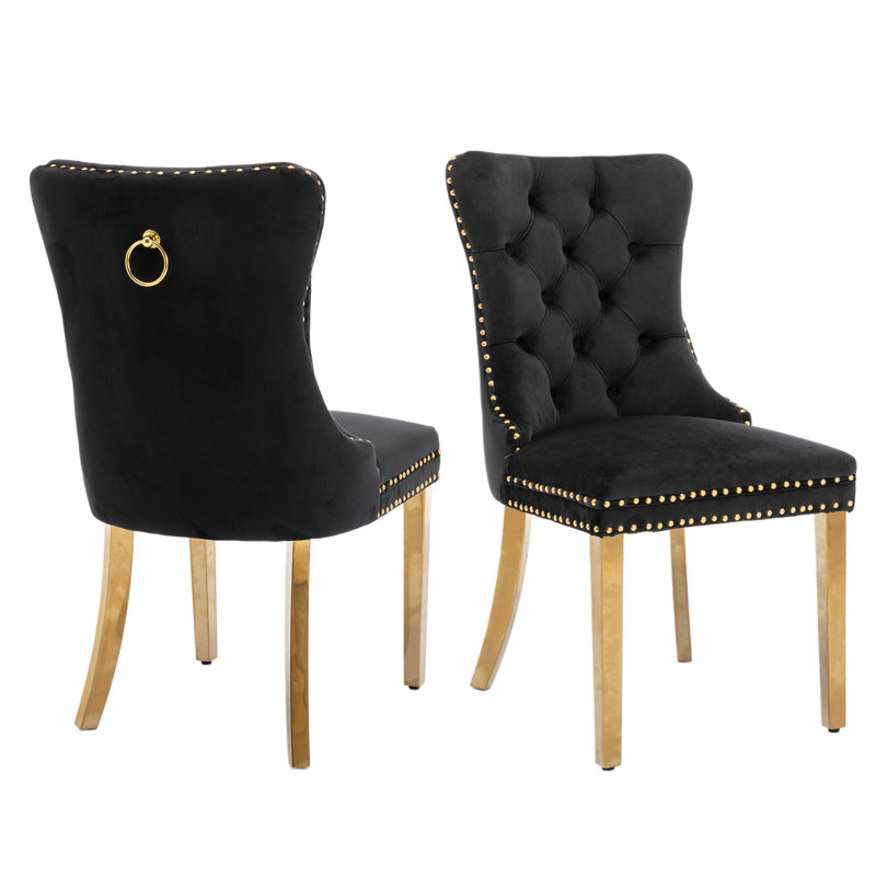 Chaise de salle à manger en velours avec anneau à dossier et pieds en bois massif, 2, Noir, Doré