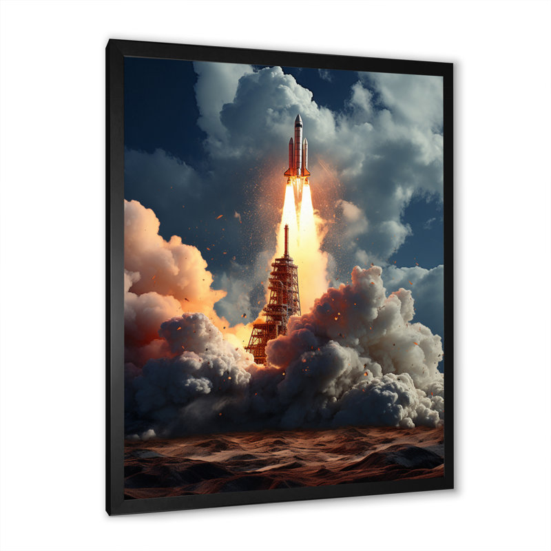 " Rocketship Launch II ", Black Picture Framed, 12" W x 20" H