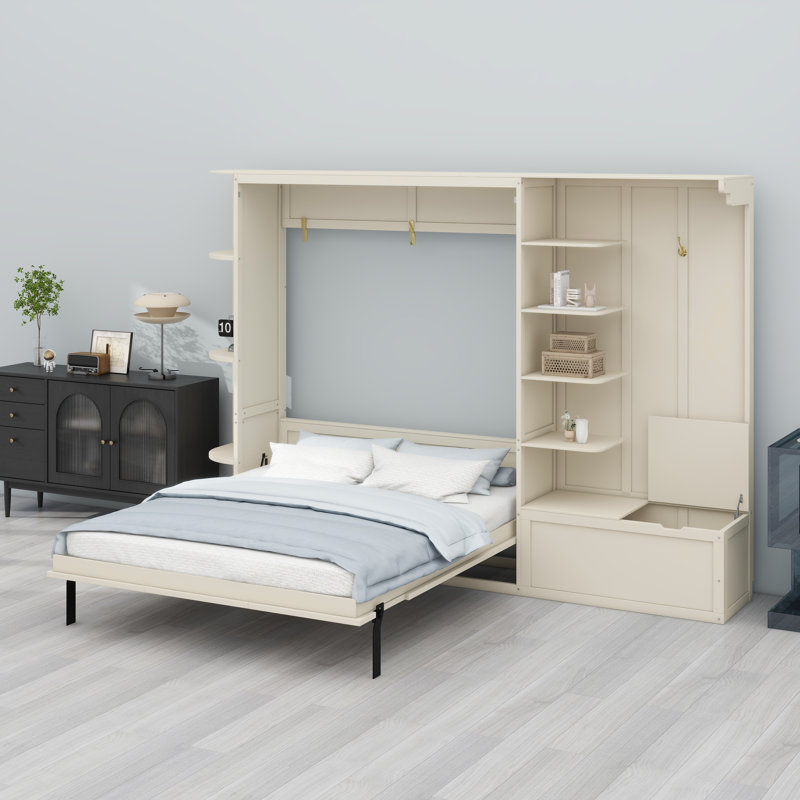 Lit escamotable peu encombrant avec tablettes de rangement intégrées et système d'éclairage ambiant, Blanc