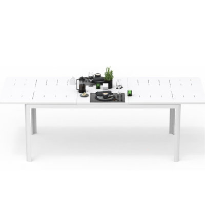 Table de patio extensible blanche pour 6 à 8 personnes, en aluminium rectangulaire