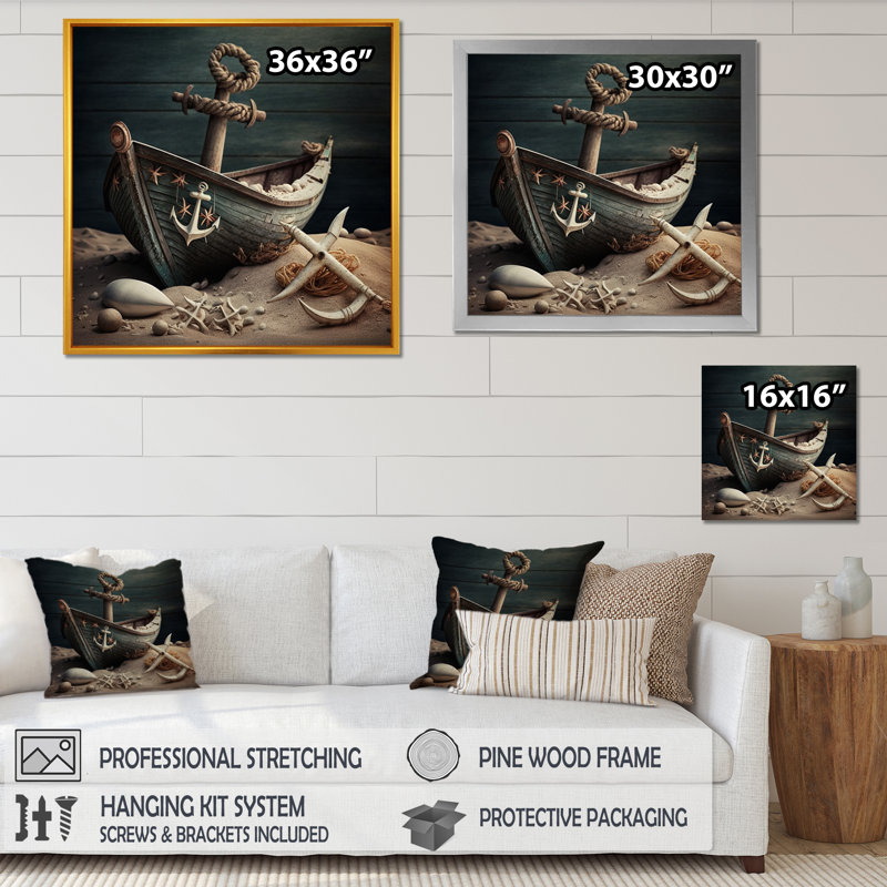 " Greenboat On Shore ", Black Picture Framed Canvas, 16" H x 16" W x 1" D