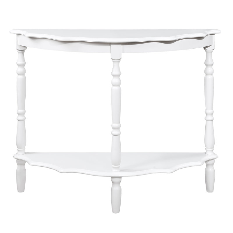 Retro Circular Curved Half-Moon Console Table with Cloud Design Top and Open Shelf Solid Wood Frame and Legs, Milk White