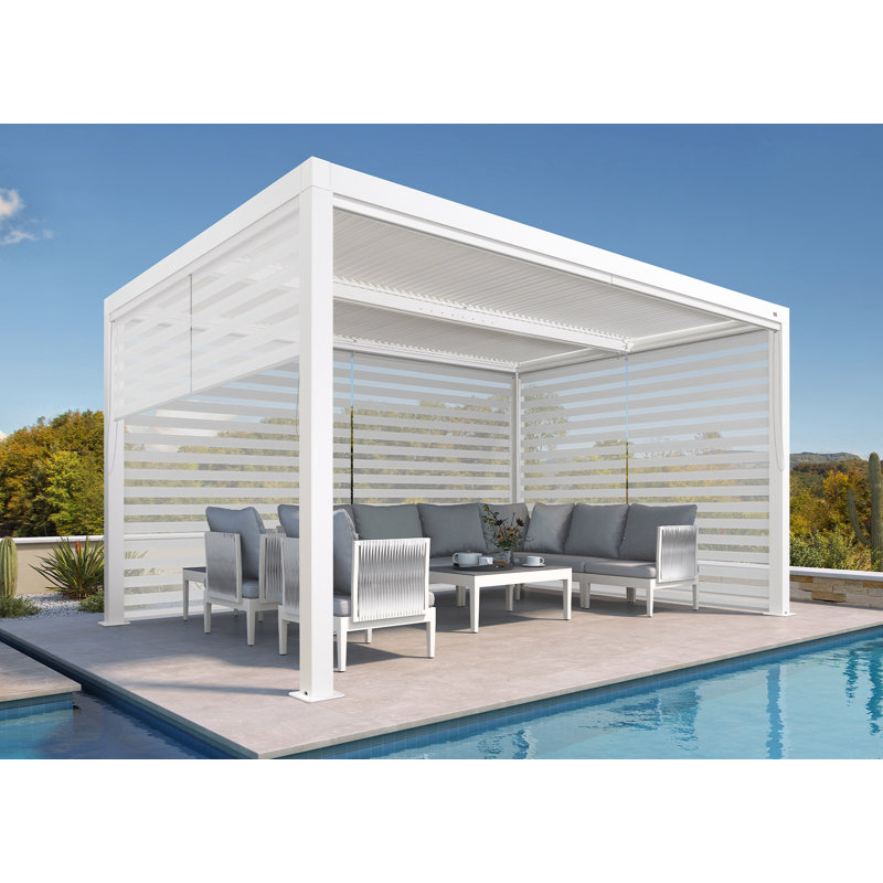 Aluminum Pergola with Roller Shade, 1 Long Side and 2 Short Side, 14' x 10', White