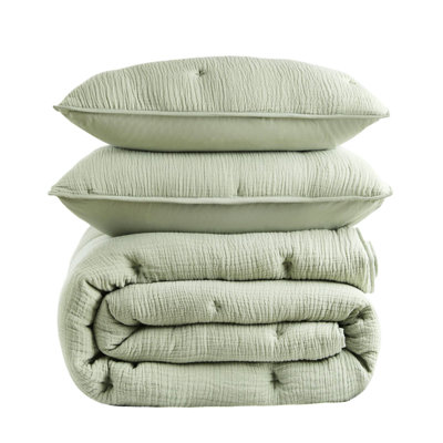 Sage 3 Full/Queen Cotton Gauze Quilt , Natural , All Season Warmth, Embroidered Tacking, Matching Shams Sage, Soft And Skin- Comfort,