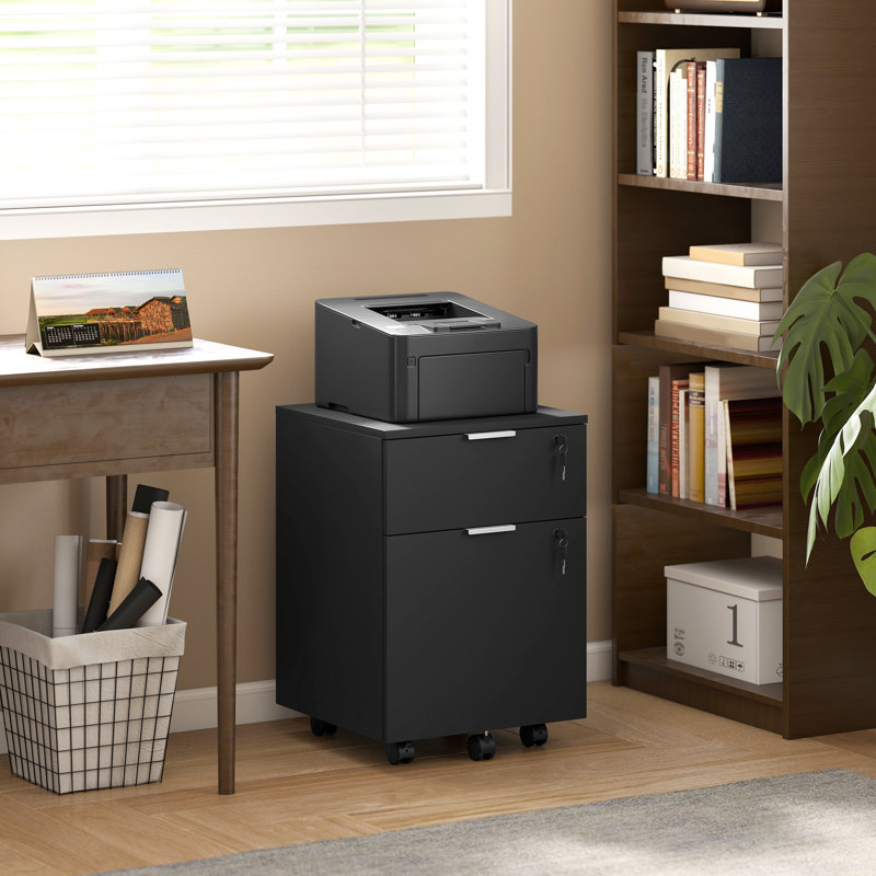 HOMCOM Mobile File Cabinet Wheels 2 Drawer, Black/Black