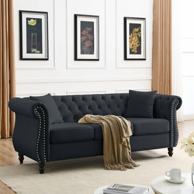 80"" Chesterfield Sofa Velvet For Living Room, 3 Seater Sofa Tufted Couch With Rolled Arms And Nailhead For Living Room, Bedroom, Office, Apartment, Tw -  Rosdorf Park, 7C63E0E92A8F46D2960AB4EB874E8E3D