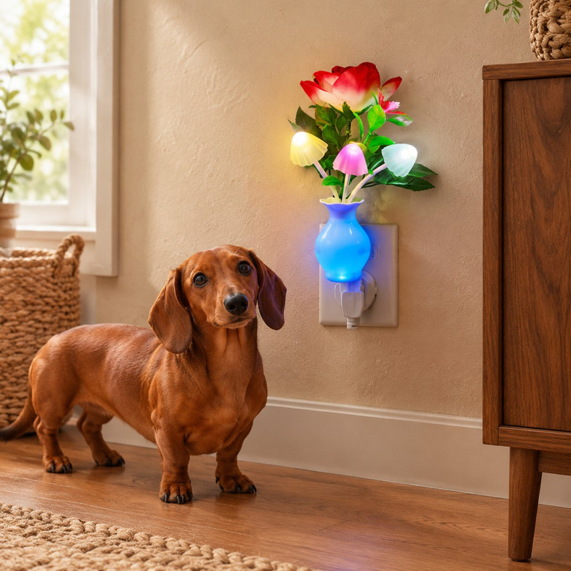 Bedrooms, bathrooms, nurseries, kitchens, and basements can be accented with this 2-Pack of sensor-equipped plug-in LED nightlights, featuring color-changing rose-flower and mushroom designs for kids and adults.