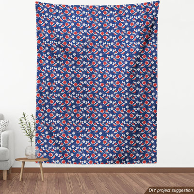 Tissu de Noël Ambesonne par The Yard, boîtes-cadeaux bouvreuil, fleurs de poinsettia, chapeau du Père Noël, nouvel an, tissu décoratif pour le revêtement et les accessoires de maison, blanc vermillon, bleu foncé