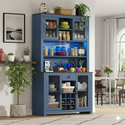 Armoire de rangement de 70,9 pouces avec garde-manger rustique, huche de cuisine avec prises à DEL, garde-manger avec portes et tablettes, support à vin pour la salle à manger