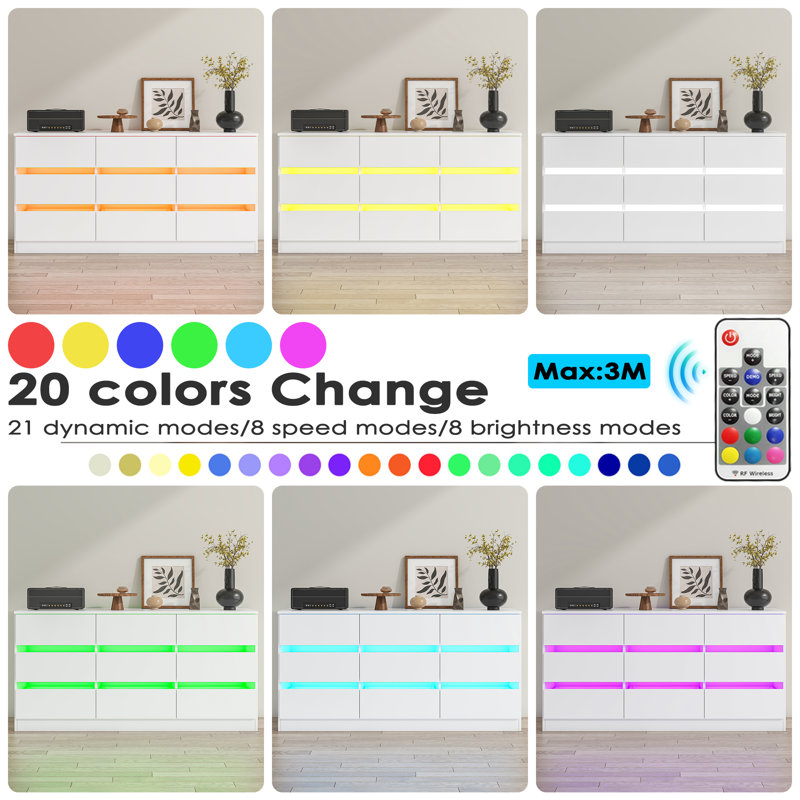 White Modern 9-Drawer Dresser with LED Lights