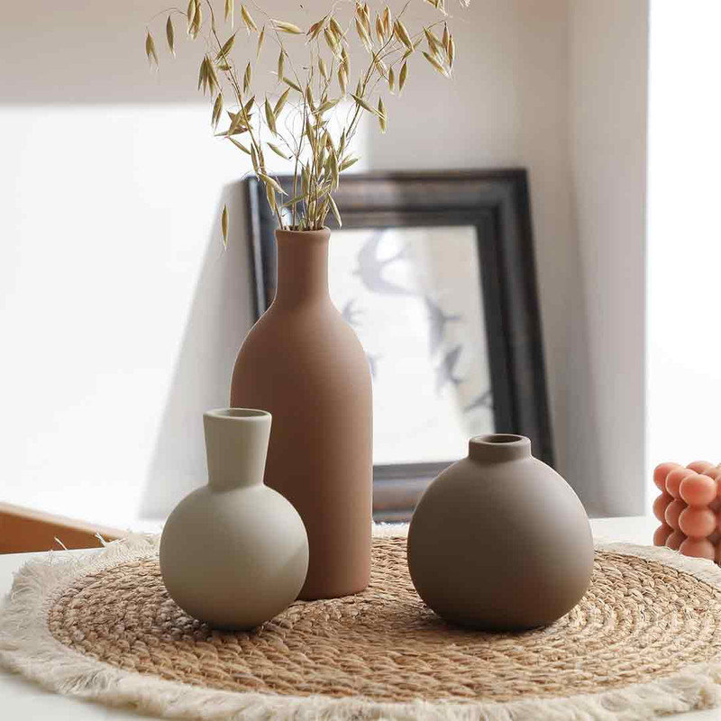 Set of 3 Brown and Beige Ceramic Vases