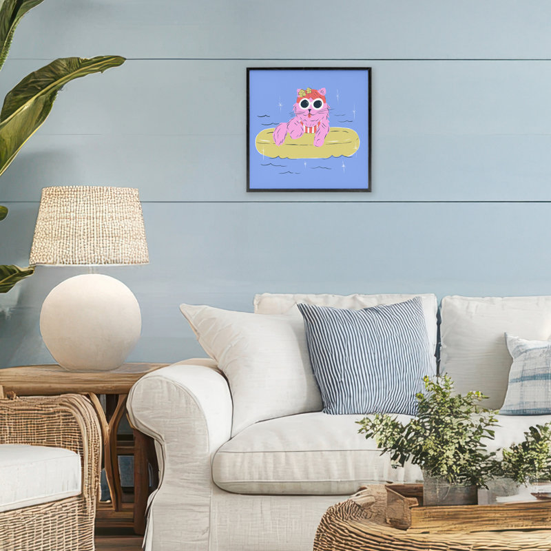 Giclée encadrée de chat Summer Pool Float, design par Krissy Mast, Giclée encadrée noir minuit, H 12 po x l 12 po