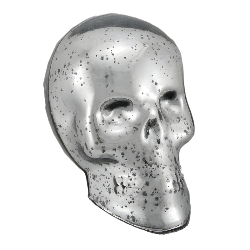 Crâne gothique en verre mercurisé argenté, décor de bureau idéal pour l'Halloween, hauteur : 22 cm (8,75 pouces).