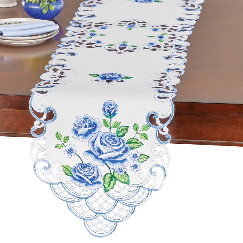 Embroidered Rose Clusters and Greenery Table Linens, Blue