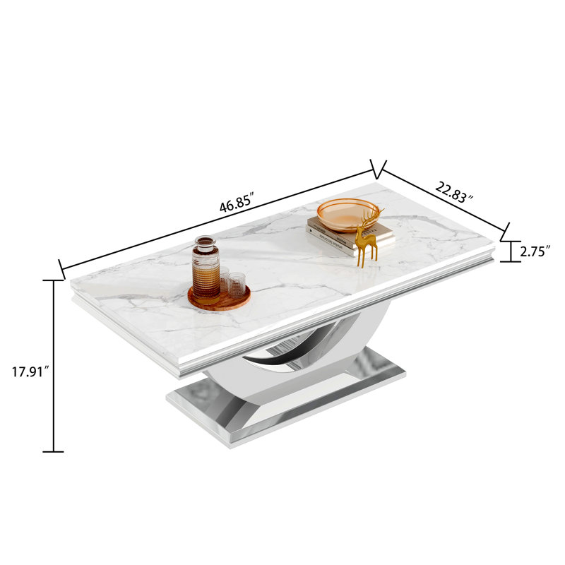 Luxury Faux Marble Coffee Table, 46.85" White Sofa Coffee Table with 0.71" Thick Marble Tabletop and Mirrored Stainless Steel Base, Modern Cocktail Table Center Table for Living Room Office