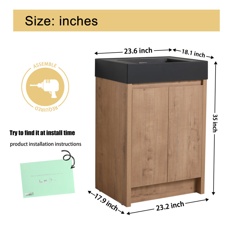 Quarnar 24''Freestanding Bathroom Vanity with Sink,Floor Standing Vanity with 2 Doors and Matte Black Resin Basin Sink Top