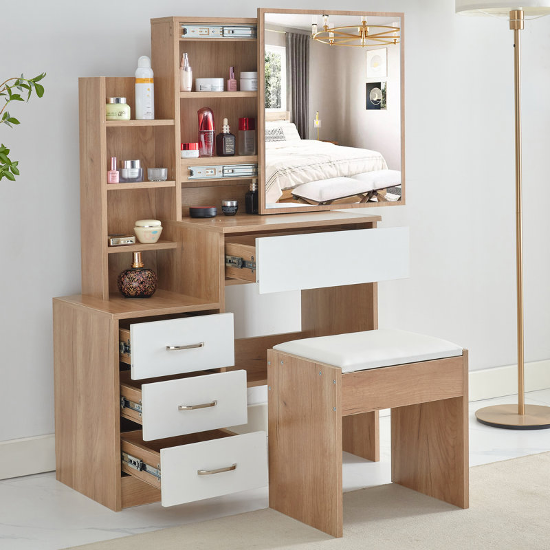 Ahmier Dressing Table with Sliding Mirror, Pine/White