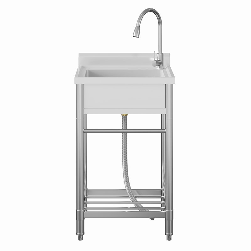 Évier utilitaire en acier inoxydable, bol simple autoportant avec dosseret et tablette, cuve robuste pour la lessive
