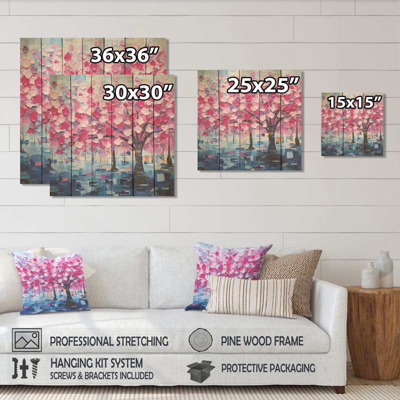 Arbre rose et mauve Essence IV - Arbre sur bois, H 25 po x l 25 po