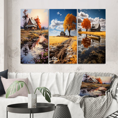 «Farmhouse Homestead Reflections Pointillism», 3 pièces sur toile