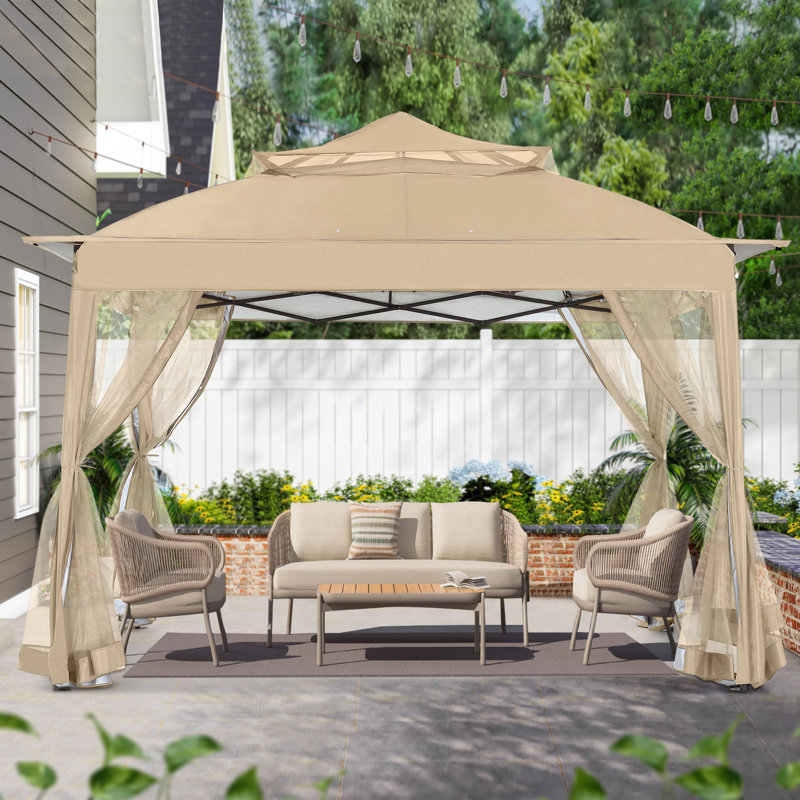 Extérieur 11 pi. L 11 pi. D Pavillon de jardin escamotable en métal, Kaki