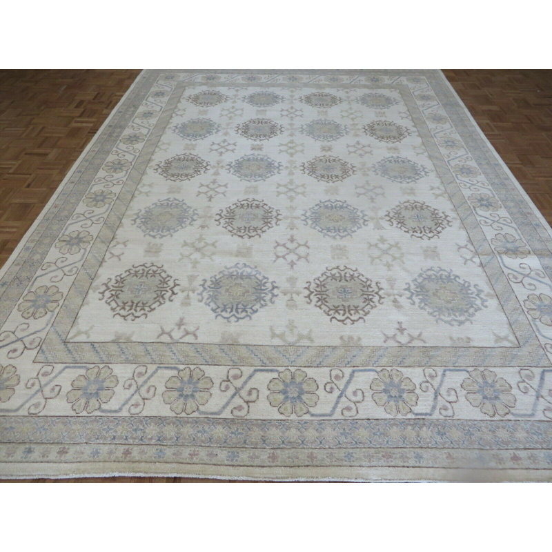 Tapis décoratif en laine de conception unique Oushak noué à la main Ivoire 8 pi 11 po x 11 pi 9 po Oushak