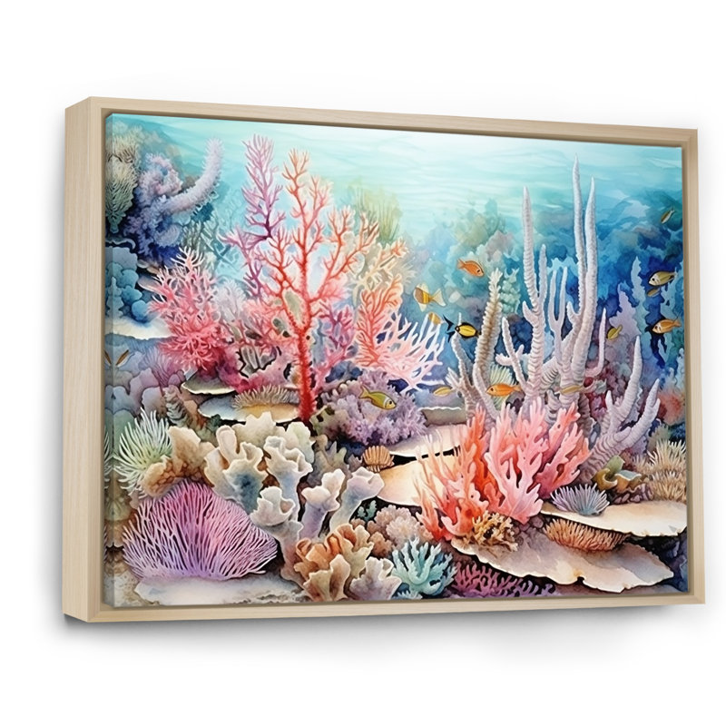 Rose et bleu sous l'eau, corail Wold I - art mural corail sous l'eau, H 34 po x l 44 po x P 1,5 po, Cadre naturel flottant