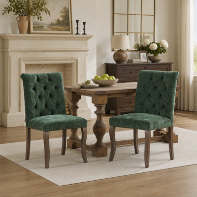 Chenille Upholstered Dining Chair, Tufted Accent Chair with Curved Solid Wood Legs & Rivet Details, Multi-Use Chair for Dining Room, Kitchen & Living Room, Set of 2