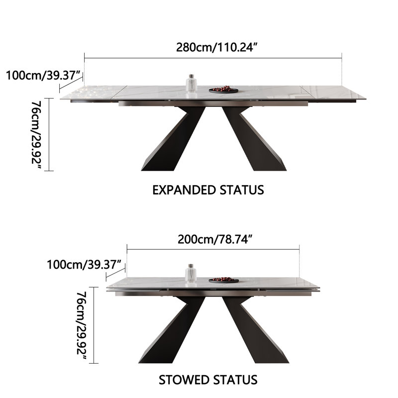 Mature 78.74'' to 110.23” Extendable Rectangular Sintered Stone Dining Table For 10-12, Snowy Mountains White