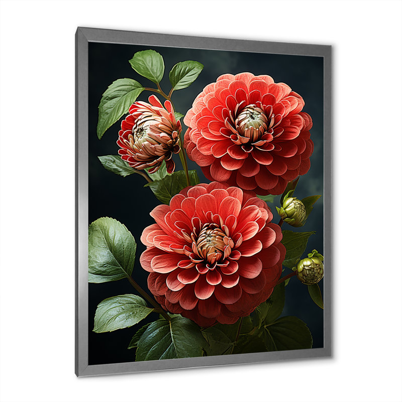 «Red Beautiful Zinnias Blooms III», Cadre simple argenté, H 32 po x l 16 po x P 1 po