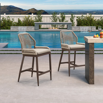 Latitude Run® Patio Upcycled Fabric Set Of 2 Handwoven Wicker Height Stool Modern Aluminum High  Chairs Outdoor Wicker  With Back And Cushion For Kitchen Pool Island