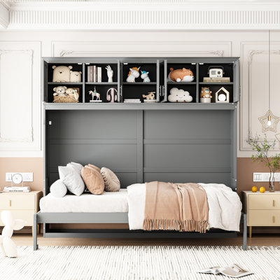 Grand lit mural gris avec armoires supérieures, convient au bureau à domicile et à la chambre d'amis, avec un maximum de lattes absorbantes, du contreplaqué, un appartement avec option d'espace facile à utiliser ou un sommeil confortable, sans boîte
