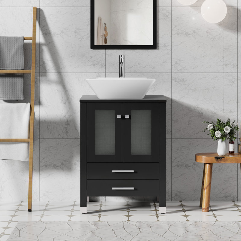 Kasa 24 Single Bathroom Vanity with Wood Top, Vessel Sink, Zinc Alloy Faucet, Solid Wood Legs, Black
