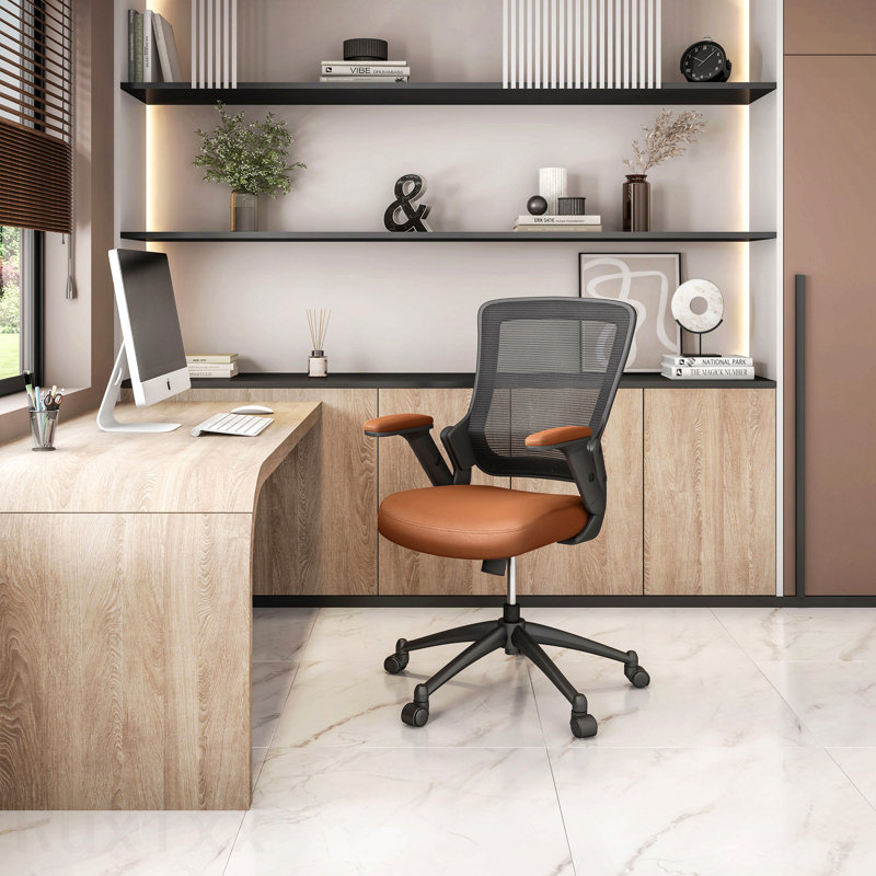 Brown Mid-Back Mesh Task Office Chair, With Height Adjustable Arms, Brown, Black